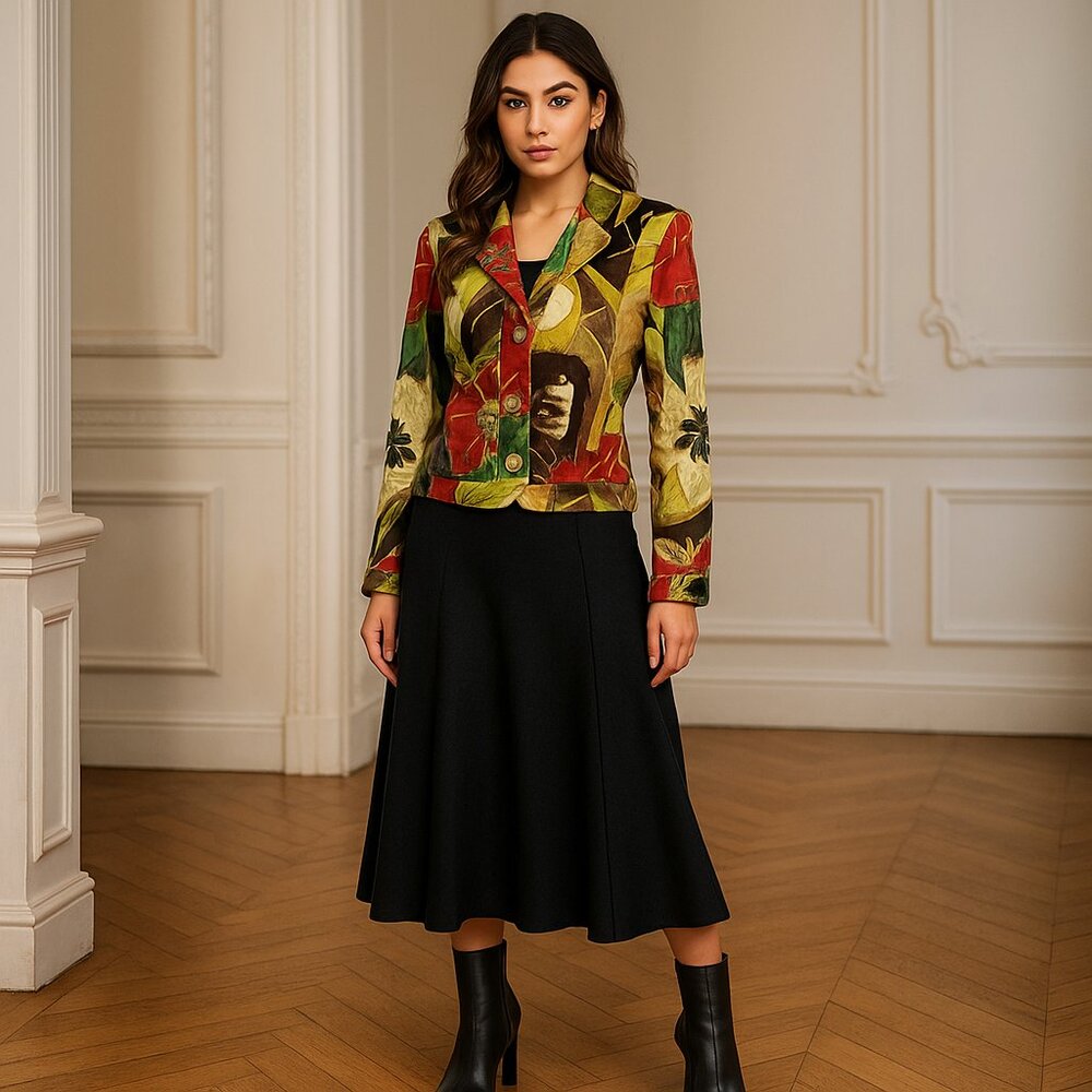 Chico's Artsy Autumnal Floral Bomber Blazer Jacket Bohemian Art to Wear